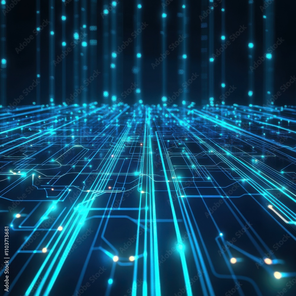Poster a vibrant blue digital landscape with glowing circuitry and luminescent lines creating a futuristic 
