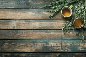 Rosemary tea against a wooden backdrop Room for text