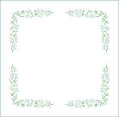 Elegant green vegetal ornamental frame with leaves and blue flowers, decorative border, corners for greeting cards. Isolated vector illustration	
