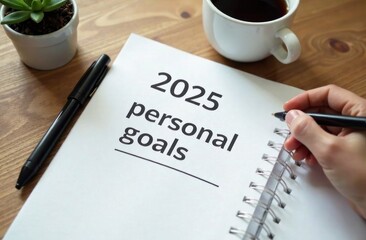 A person writes personal goals for 2025 in a notebook while enjoying coffee and surrounded by a small plant