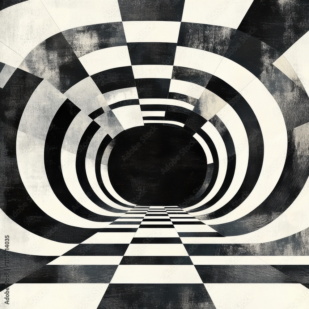 Poster abstract black and white tunnel design with checkered patterns, creating a sense of depth and moveme