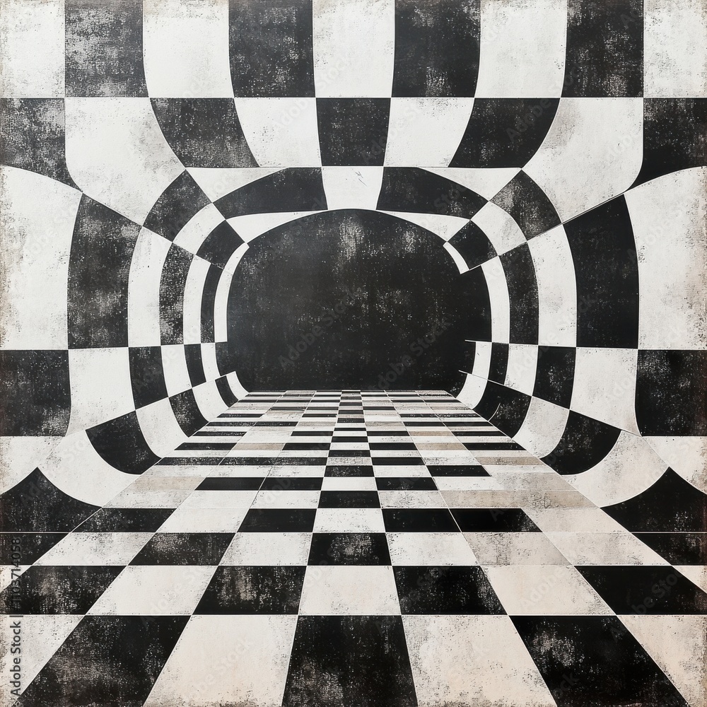 Poster abstract black and white checkered tunnel creating a sense of depth and motion.