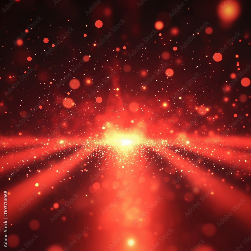 Poster a stunning display of red particles and light beams radiating through space, creating a vibrant and 