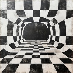 Abstract black and white checkered tunnel creating a sense of depth and motion.