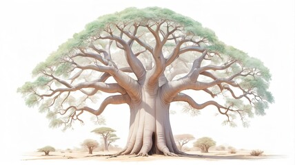 Baobab tree in a stylized design, framed by a nature-inspired background in gentle pastel shades.  