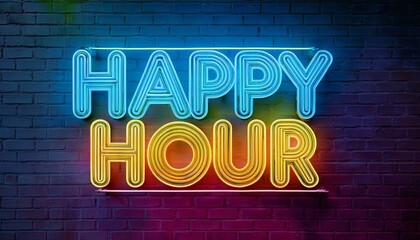 Neon sign with colors “Happy hour” Text on Wall