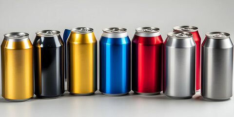 Colorful Aluminum Beverage Cans in a Row,  Displaying Vibrant Hues and Sleek Design, Ready for Consumption.
