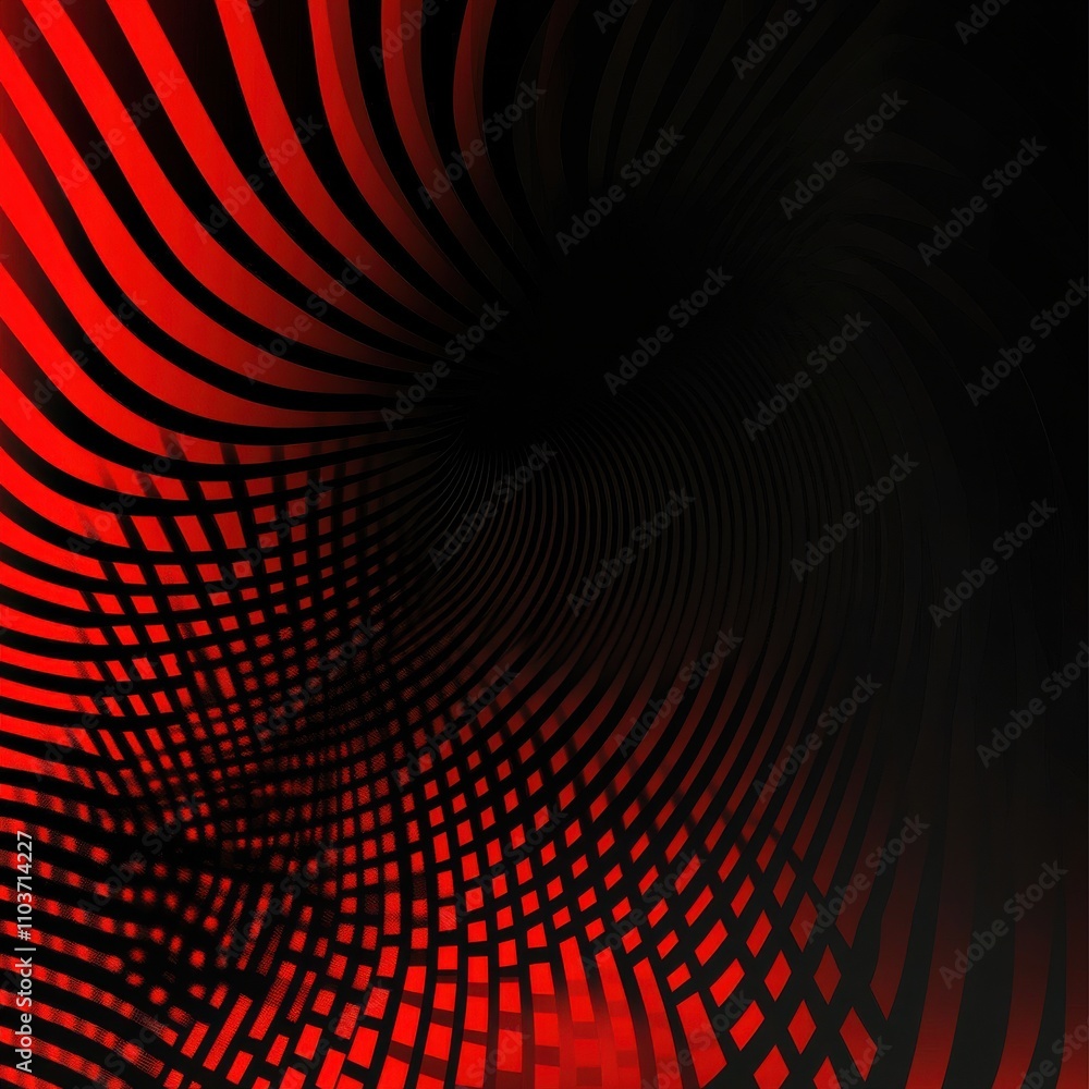 Poster abstract red and black graphic with swirling lines and grid patterns, creating a dynamic and energet