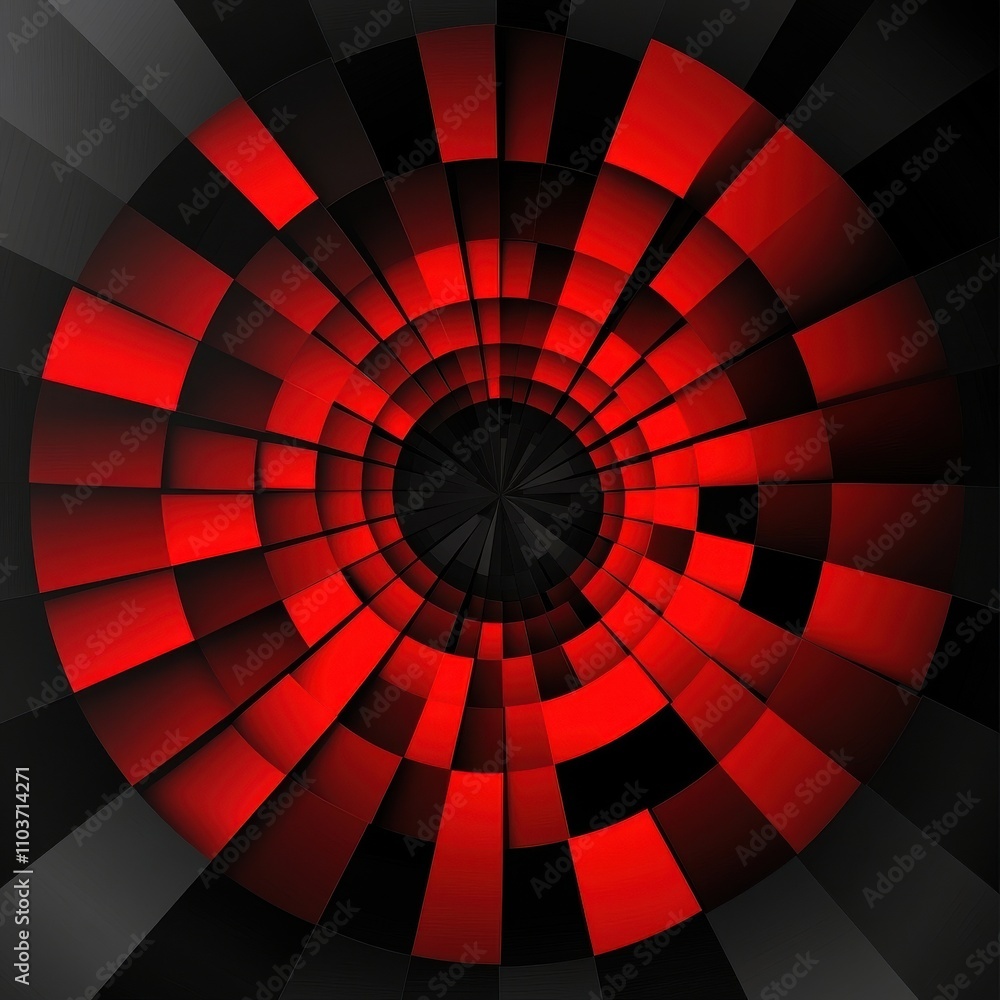 Poster abstract geometric design featuring a swirling pattern of red and black squares, creating a dynamic 