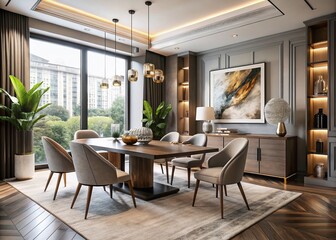 Fototapeta premium Modern Dining Room with Elegant Decor and Artwork Featuring a Stylish Table and Chairs in a Bright Space with Large Windows and Tasteful Accessories for a Sophisticated Ambiance