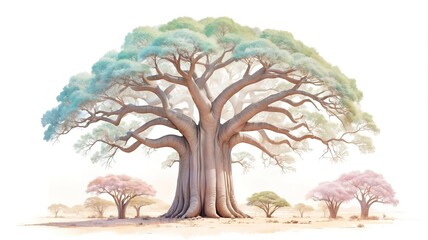 Stylized baobab tree set against a serene nature background in soft pastel tones.  