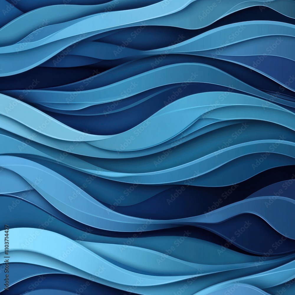Poster abstract wavy patterns in varying shades of blue, creating a serene and calming atmosphere.