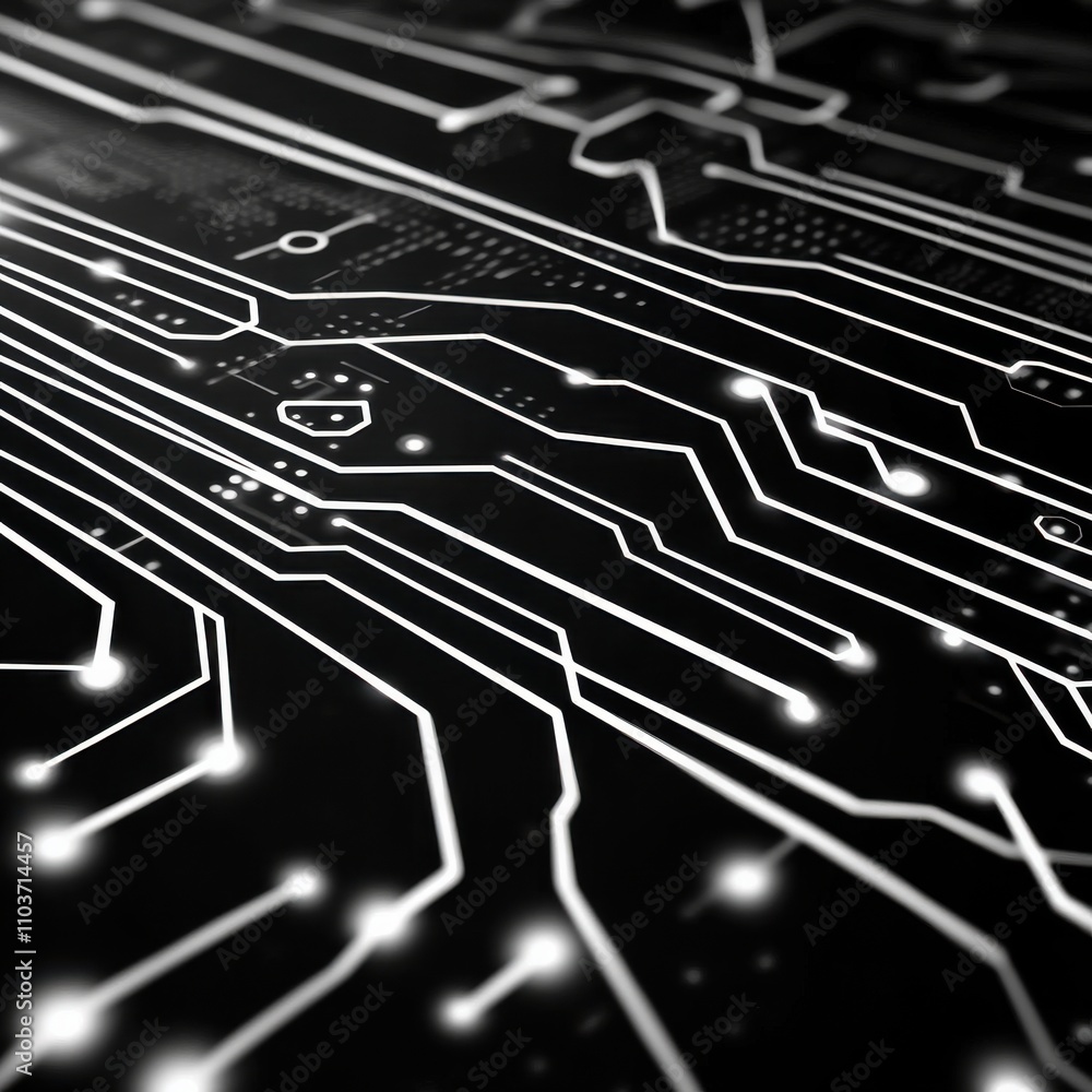 Poster abstract close-up of a circuit board design, featuring intricate white lines on a black background.