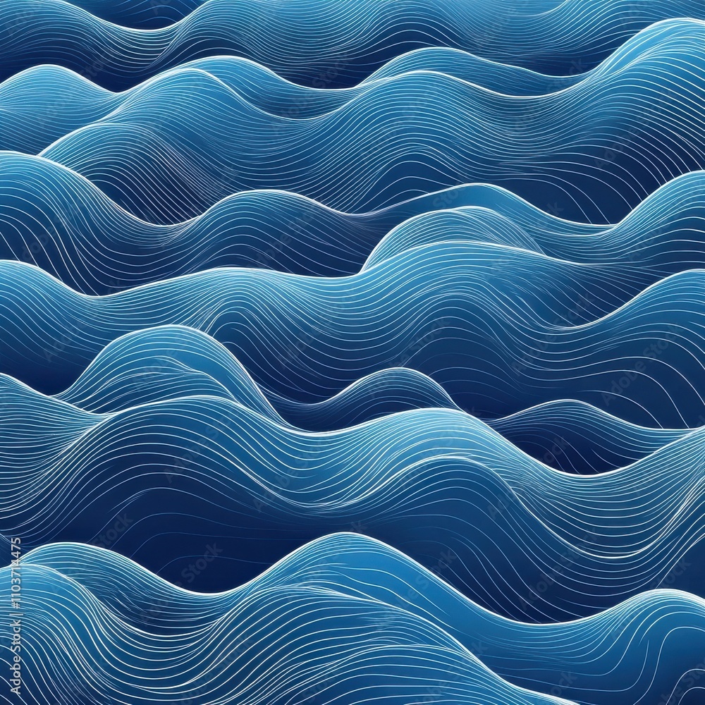 Poster serene abstract ocean waves with flowing lines in shades of blue, creating a calming and tranquil at