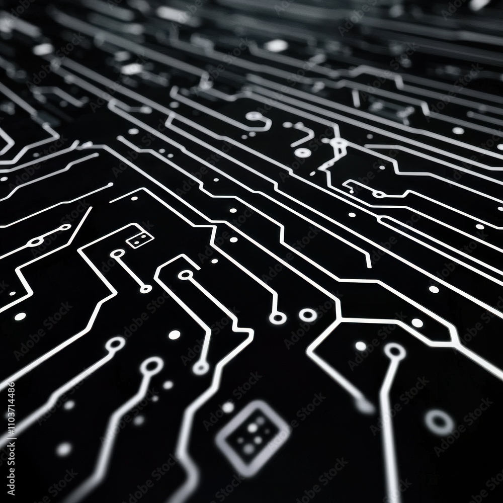 Poster abstract close-up of a circuit board design with intricate white lines on a black background, creati