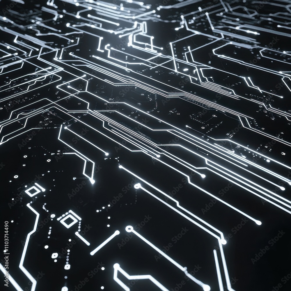 Poster close-up of glowing circuit board pathways on a dark background, showcasing modern technology and co