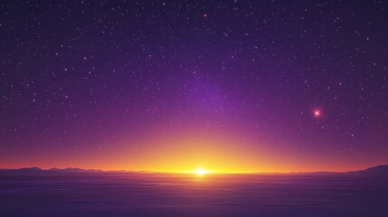 Fototapeta premium Vast night sky filled with stars illuminated by a captivating yellow and purple glow at the horizon, creating a serene and mystical atmosphere.