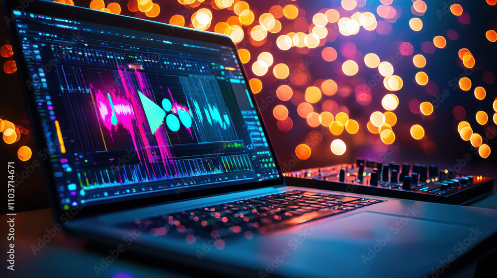 Aufkleber creating music with vibrant software on laptop in colorful setting