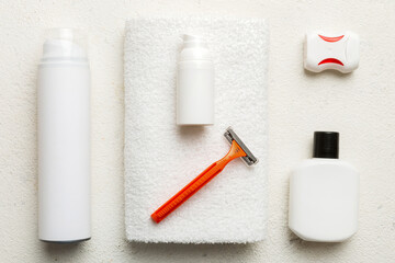 Mockup for bathing products top view flat lay, spa razor, toothpaste, soap, gel and other various accessories. Cosmetics for skin health. Bath Mockup for your logo