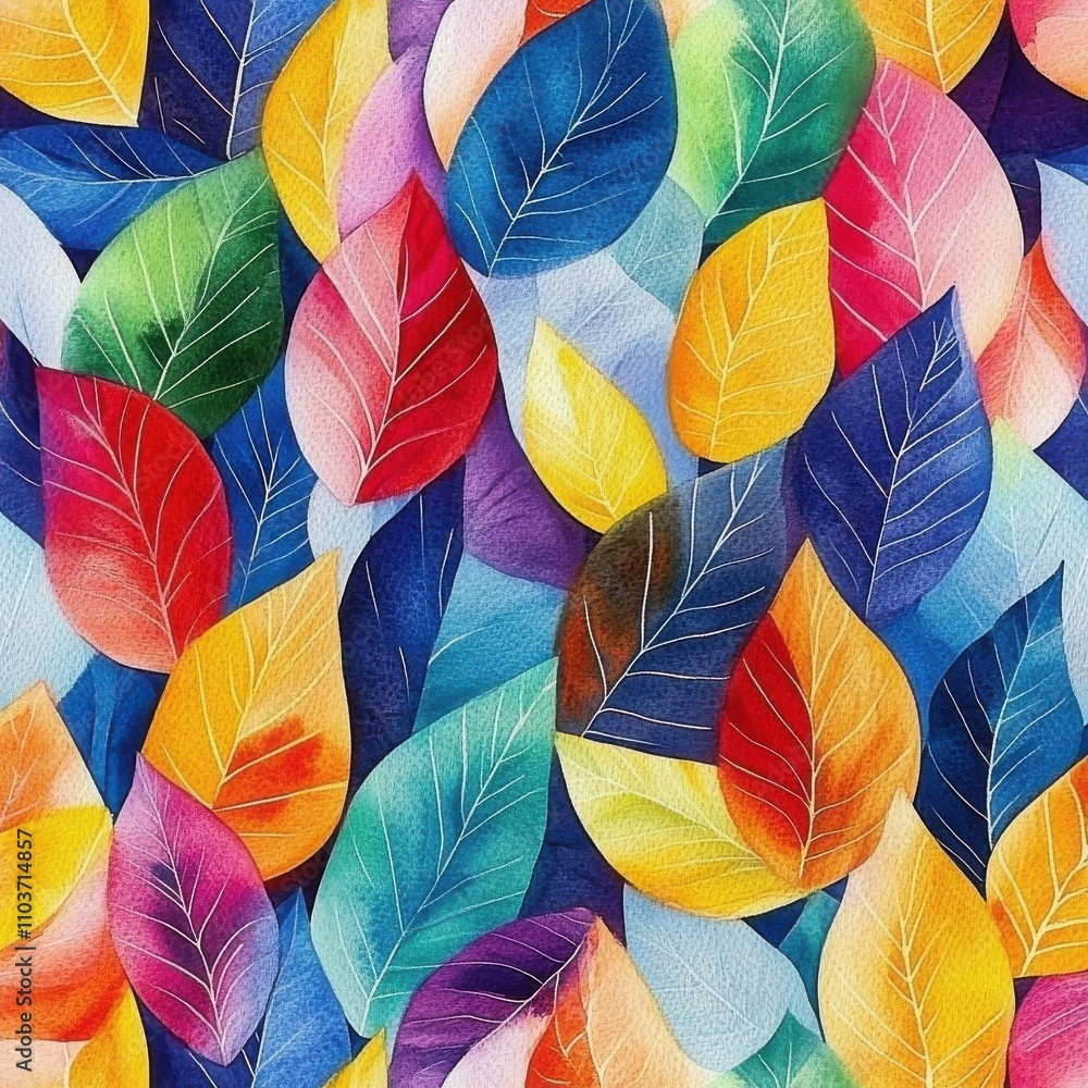 Poster a vibrant array of colorful watercolor leaves in various shapes, creating a lively and artistic autu