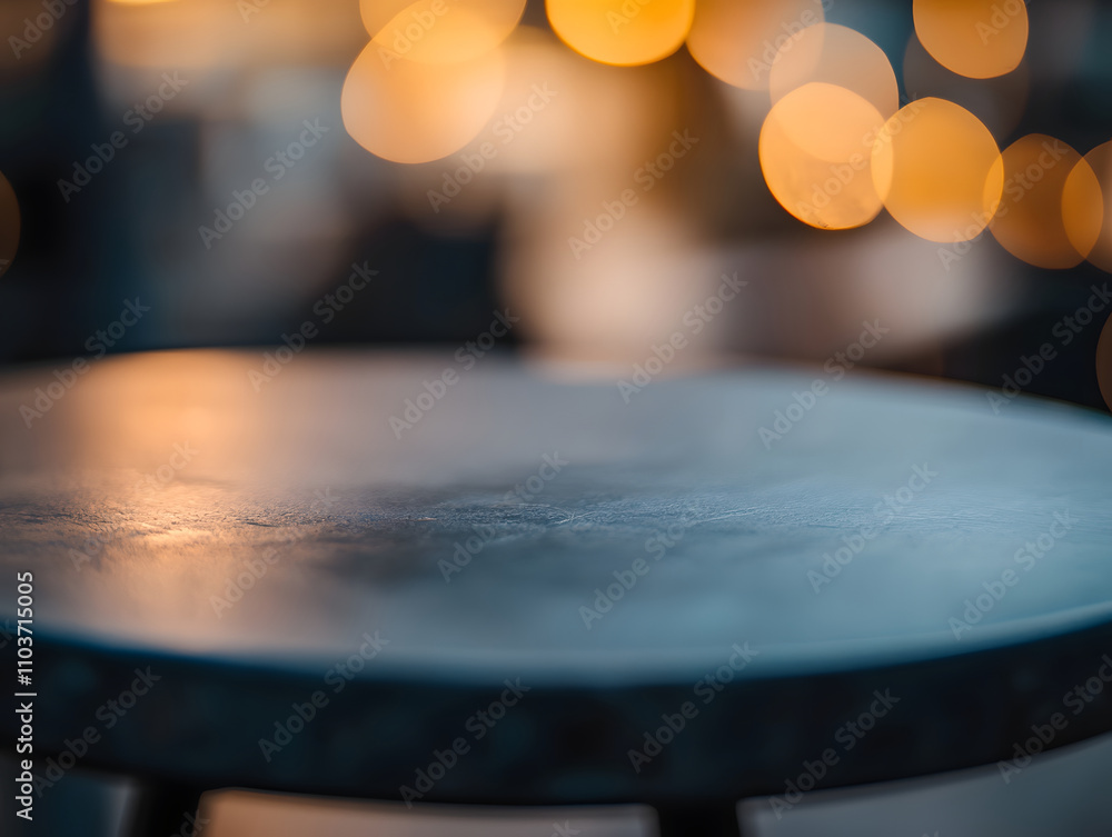 Poster a blurred table surface with warm bokeh lights in the background.