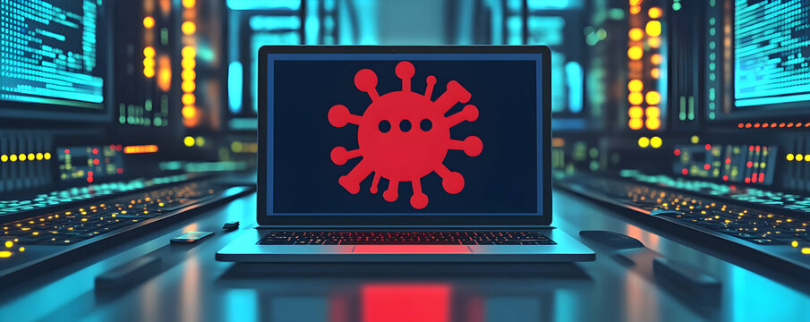 Cybersecurity Threat, Virus Icon on Laptop Screen in a Data Center, Digital Illusration
