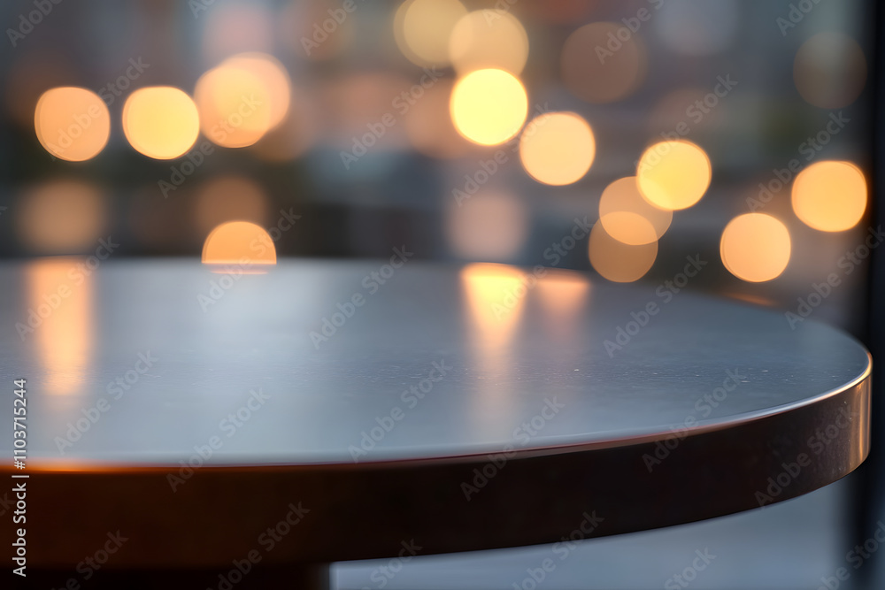 Poster a blurred table surface with soft, glowing bokeh lights in the background.