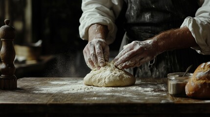 A chef kneading bread dough, flour dusting the wooden counter