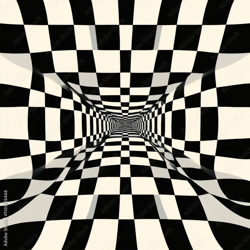 Aufkleber a mesmerizing black and white checkerboard tunnel illusion creating a sense of depth and movement.