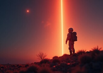 Fototapeta premium Astronaut observing celestial phenomena during twilight on distant planet landscape