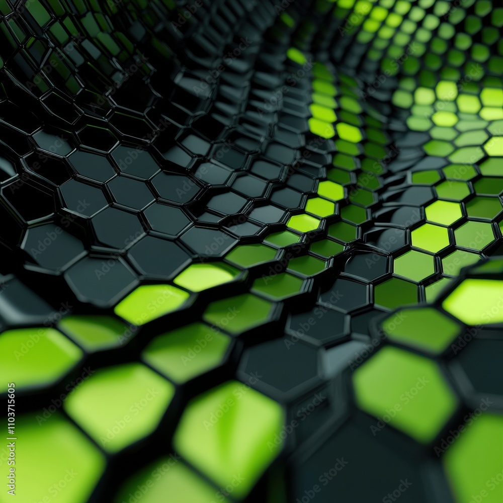 Poster abstract pattern in green and black with hexagonal shapes creating a dynamic design.