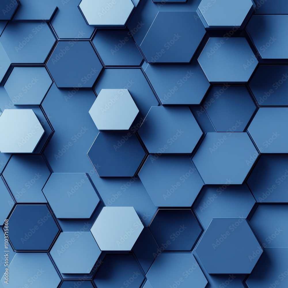 Poster abstract blue hexagonal pattern background with varying depth and texture, creating a modern and dyn