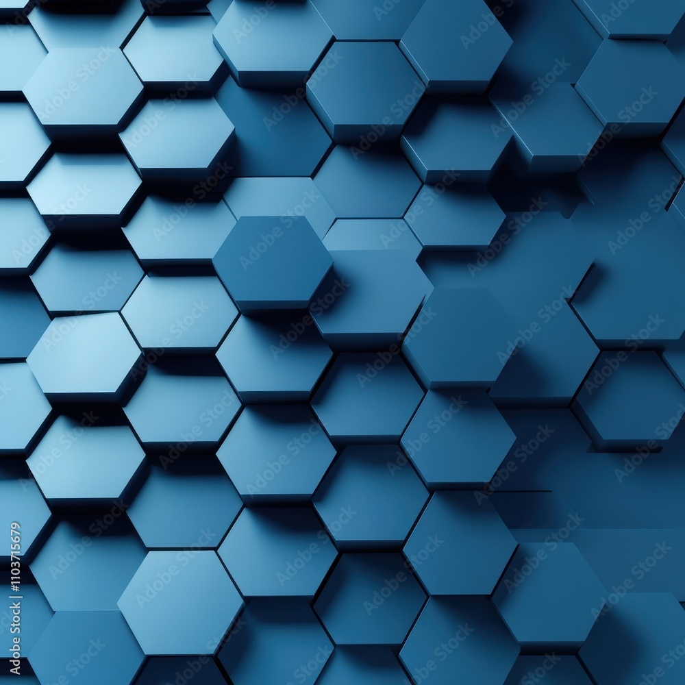 Poster abstract blue hexagonal pattern, showcasing depth and dimension with varying shades and textures.