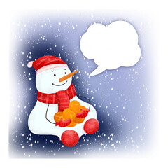 A thoughtful snowman in a red hat, scarf and mittens sits among tangerines waiting for the New Year. Design of a postcard for the New Year on a green background with a cloud for thoughts.