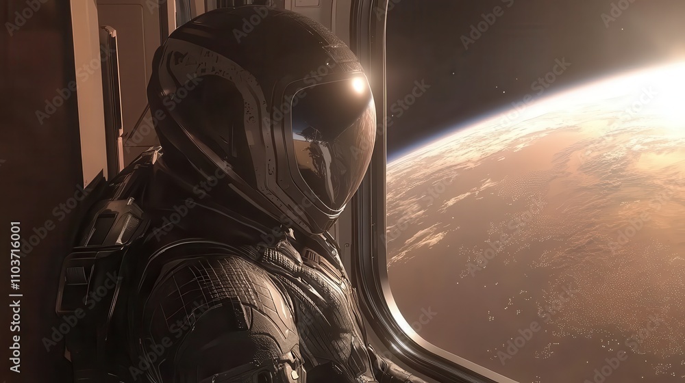 Poster astronaut in space gazing at distant planet with warm light streaming through window, capturing the 