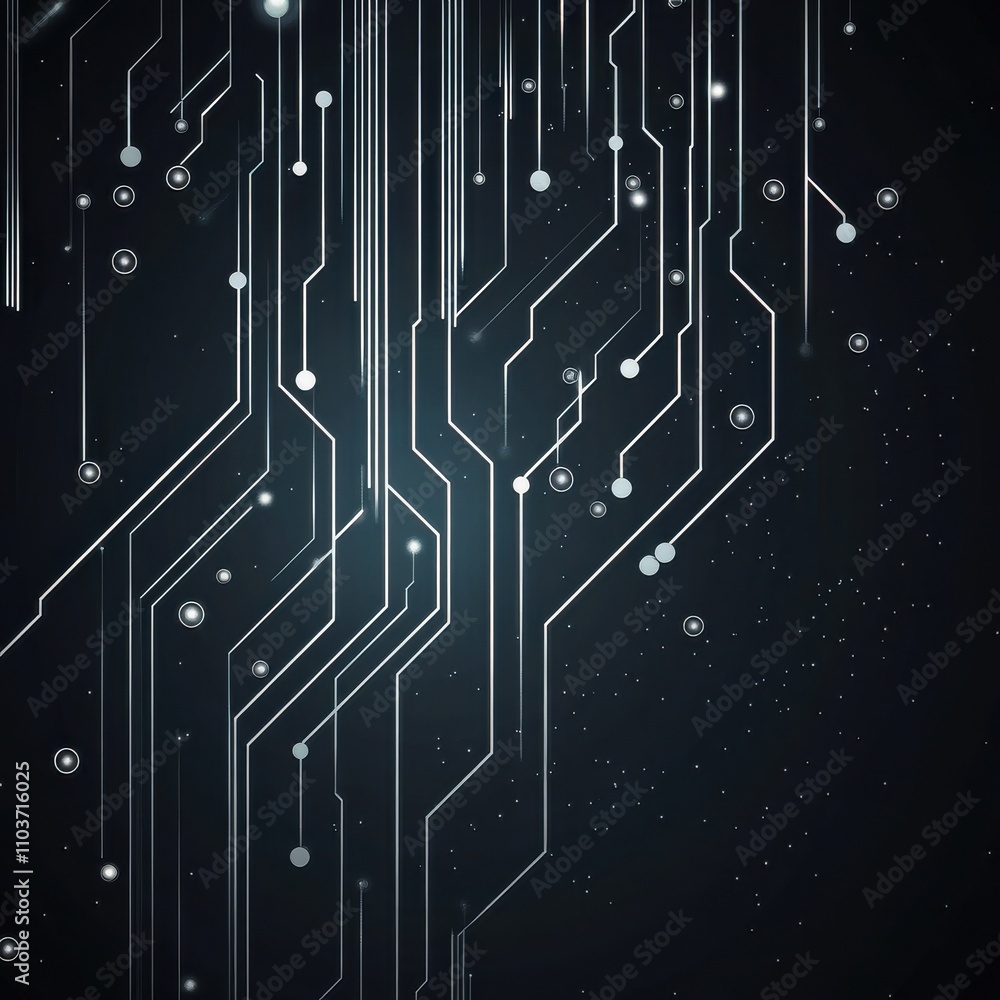 Poster abstract digital circuitry background with illuminated lines and nodes in shades of blue and black.