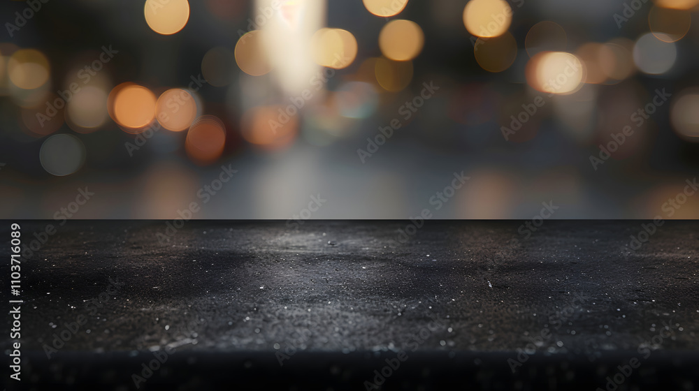 Poster a blurred urban scene with a dark surface in the foreground and bokeh lights in the background.
