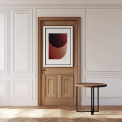 A minimalist interior featuring a wooden door and a side table, adorned with abstract art that complements the neutral palette.