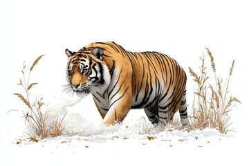 Obraz premium A majestic tiger prowls through snowy terrain, showcasing its striking orange and black stripes amidst winter grasses.
