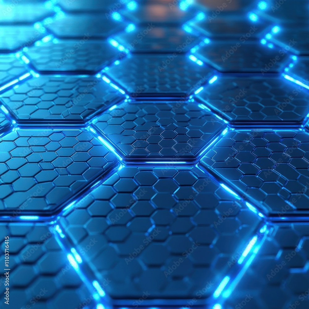 Poster a close-up view of a futuristic blue hexagonal grid with glowing highlights, creating a high-tech am