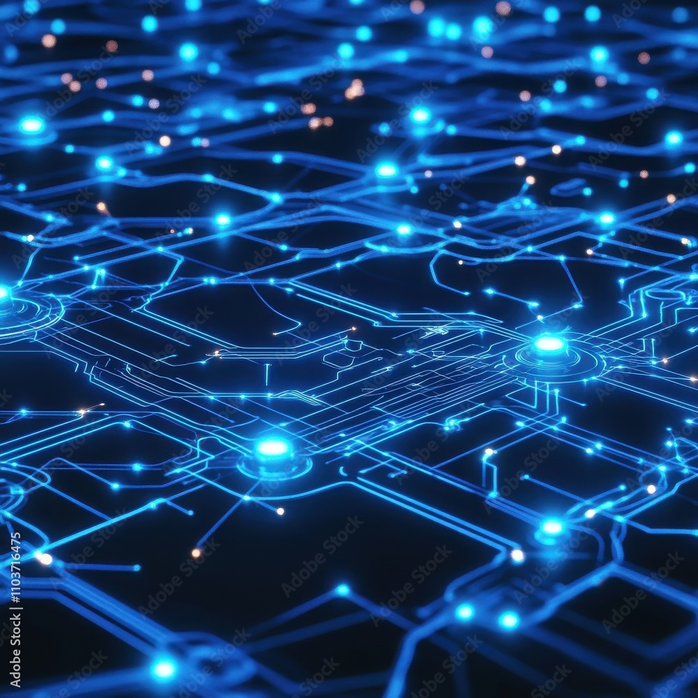 Poster abstract blue circuit board design depicting connectivity and data flow.