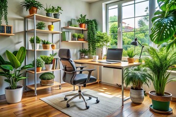 Modern Home Office Design with Ergonomic Furniture and Natural Light, Featuring Stylish Decor and Organized Workspace for Maximum Productivity and Comfort