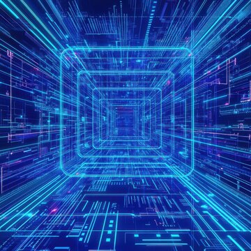 A futuristic digital tunnel with glowing blue lines and intricate data patterns, creating a sense of depth and motion.