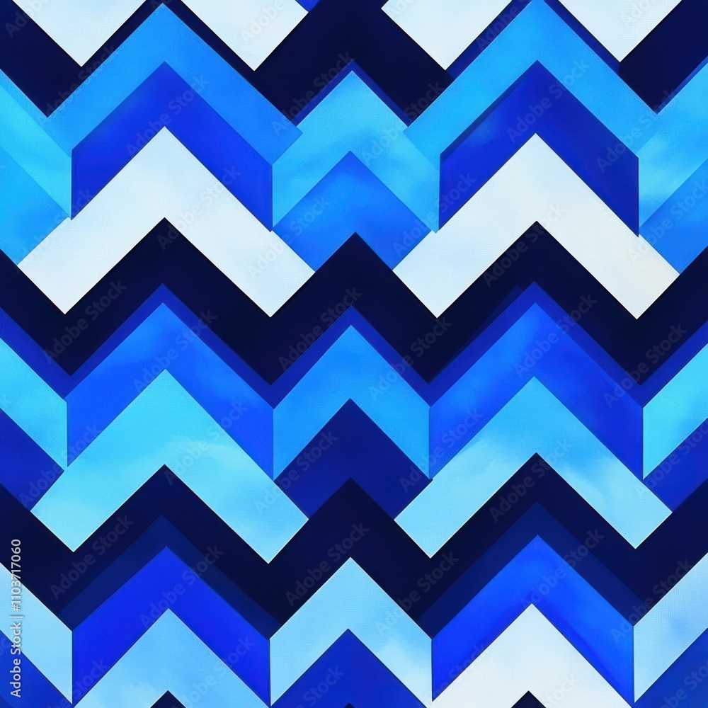 Poster dynamic geometric pattern featuring chevron shapes in various shades of blue, creating a modern and 