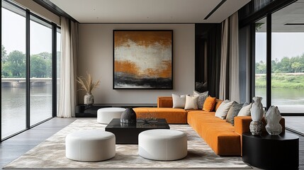 Urban Luxury Living Room with Oversized Abstract Art, Plush Orange Velvet Sofa, White Ottomans