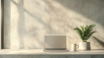 Fototapeta premium Serene Workspace with Laptop on Minimalist Desk, Natural Light Streaming Through Window, Potted Plant and Coffee Mug on White Marble Surface for Productivity and Inspiration