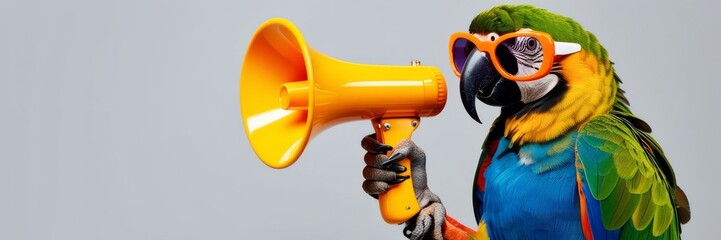 Parrot holding megaphone. Announcement Marketing, sale, discount concept. Website banner