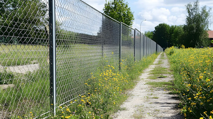 Fototapeta premium Chain-Link Fence Beside Wildflower Path, A Summer Day's Scene