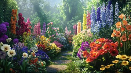 Vibrant garden pathway adorned with an array of colorful flowers showcasing the beauty of nature and celebrating the essence of renewal.