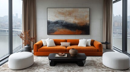 Urban Luxury Living Room with Oversized Abstract Art, Plush Orange Velvet Sofa, White Ottomans